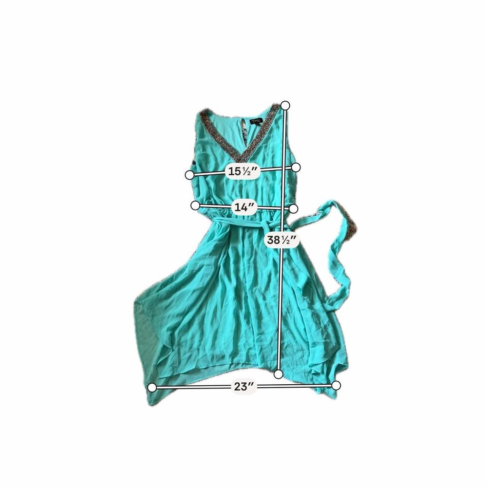 Thalia Sodi Teal Beaded Mini Dress Sleeveless Tie Waist Hi Low Turquoise XL - Picture 2 of 8